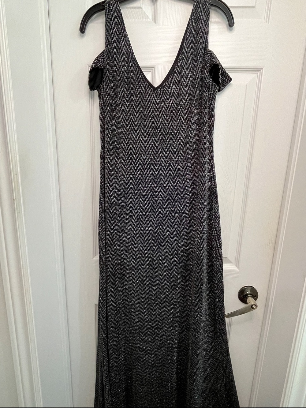 Women's Silver Metallic V-Neck Maxi Dress with Cold-Shoulder Detail